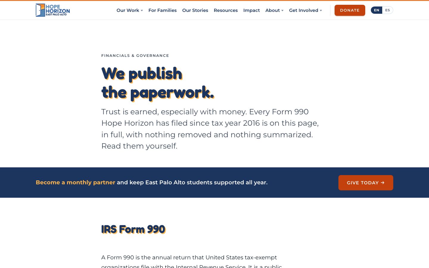 Hope Horizon financials page: the headline We publish the paperwork. above a note that every Form 990 filed since tax year 2016 is published in full.