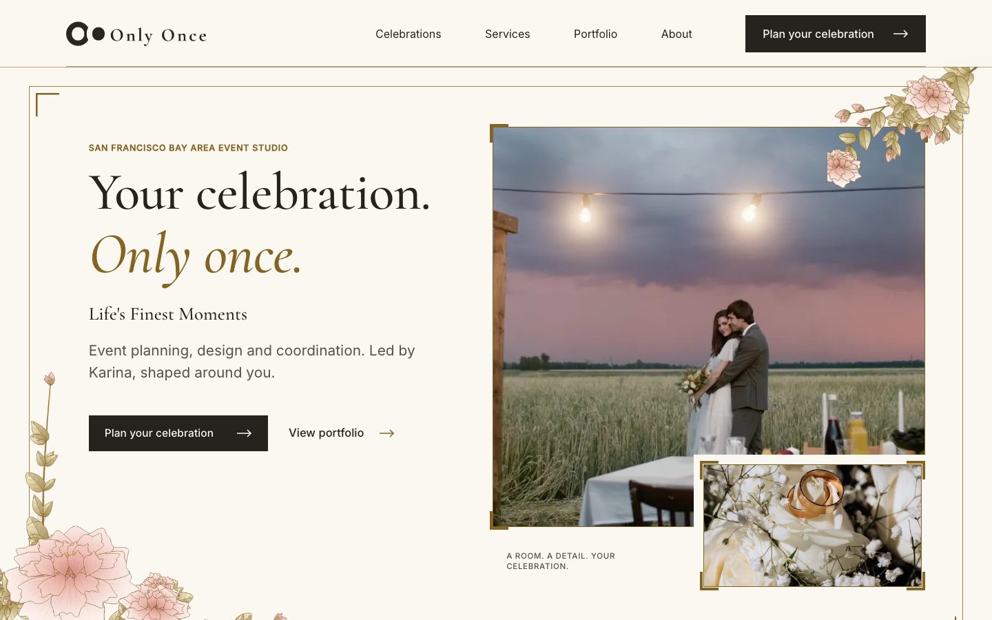 Only Once homepage: the headline Your celebration. Only once. beside a photograph of a couple at an outdoor table at dusk.