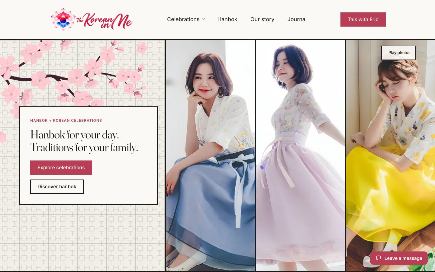 The Korean In Me homepage: the headline Hanbok for your day. Traditions for your family. beside three tall photographs of hanbok.